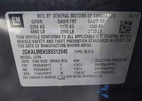 2014 GMC Terrain Sle-1 from USA, damaged, VIN 2GKALMEK5E6312945